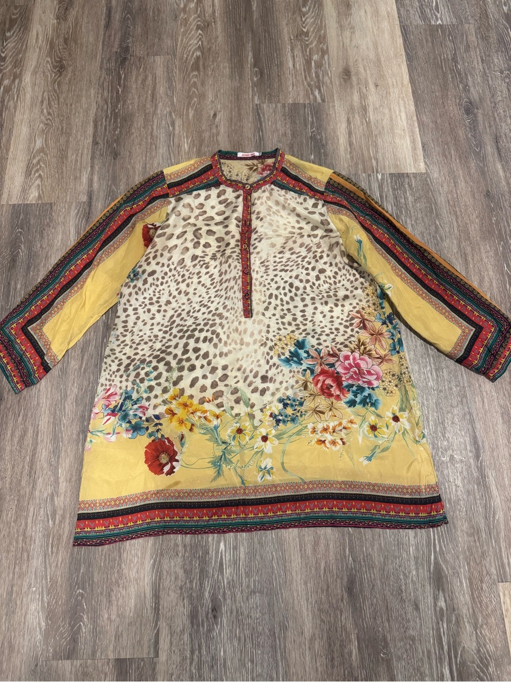Johnny Was 100% Silk Leopard Floral Print Long Sleeve Tunic Blouse XS